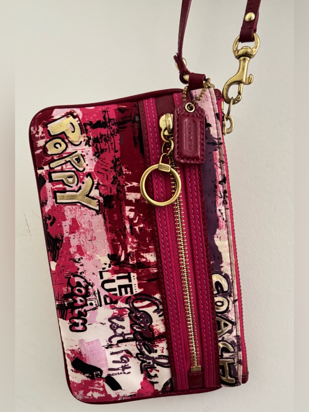 Coach Poppy Graffiti Sateen Double Zip Wristlet Pink Maroon Y2K!